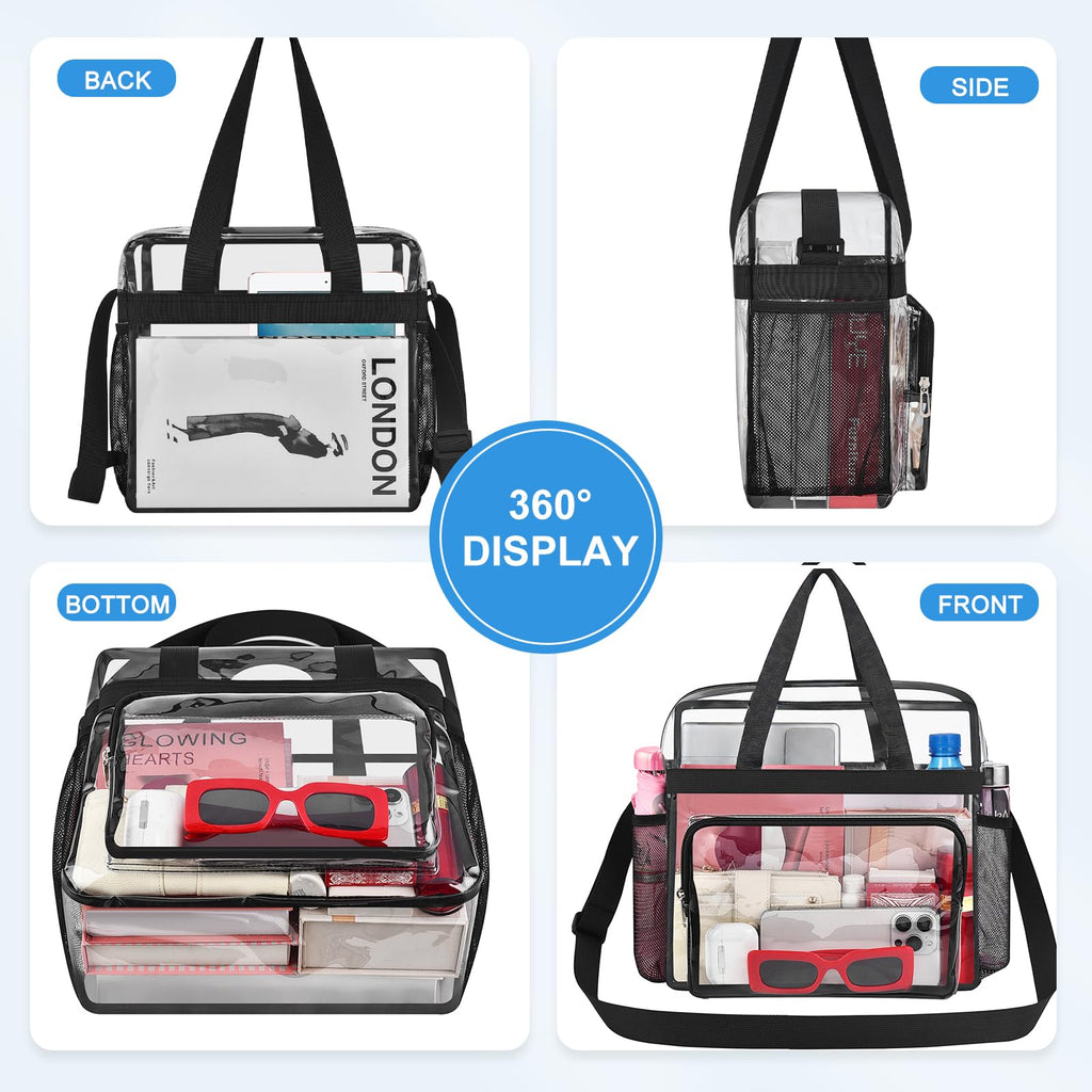 Busiuw Clear Bag for Stadium Events, Stadium Approved 12x12x6 Clear Tote Bag with Reinforced Straps for Sport Fan, Work Concert Travel(Black)