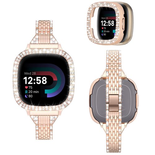 MOFREE Compatible for Fitbit Versa 4 Bands/Fitbit Sense 2 Bands Women with Hard Bling Bumper Protective Case Cover, Dressy Jewelry Diamond Rhinestone Metal Wristband for Fitbit Versa 4/Sense 2 (Rose