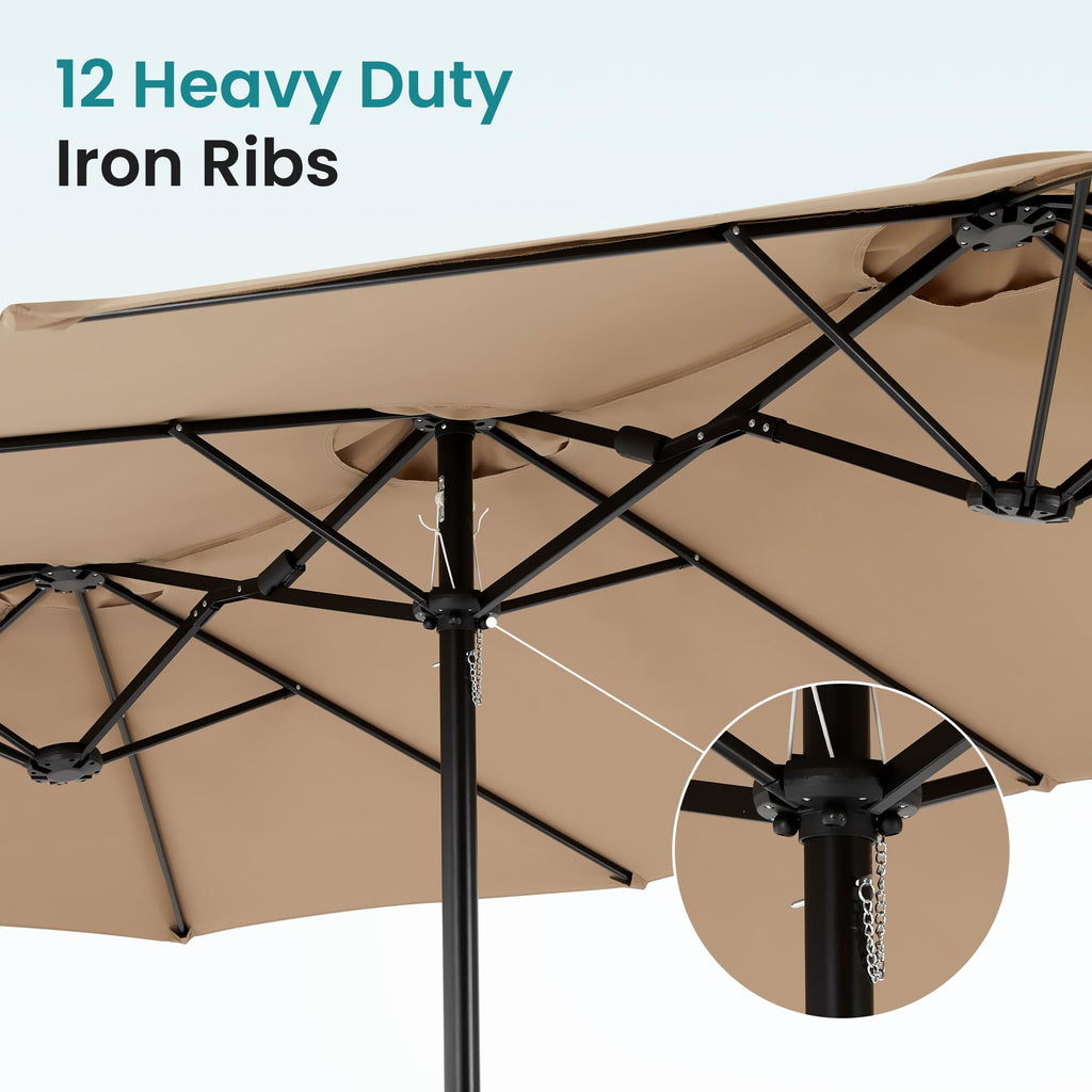 DUMOS 15FT Extra Large Patio Umbrella with Base Included, Rectangle Table Umbrella Outdoor Patio, 12 Sturdy Ribs Triple Head Canopy Outside Umbrellas for Deck, Market, Backyard and Poolside, Khaki