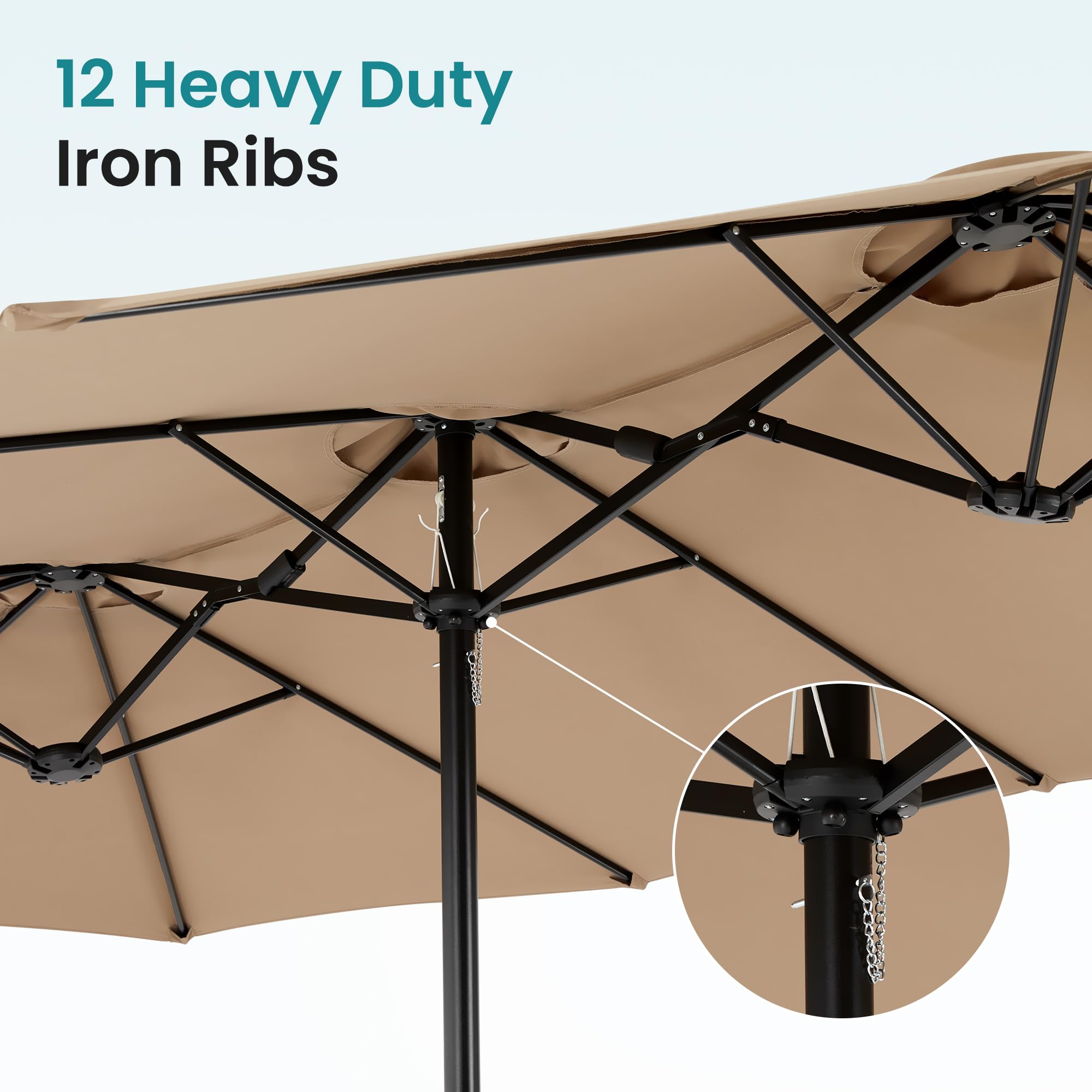 DUMOS 15FT Extra Large Patio Umbrella with Base Included, Rectangle Table Umbrella Outdoor Patio, 12 Sturdy Ribs Triple Head Canopy Outside Umbrellas for Deck, Market, Backyard and Poolside, Khaki