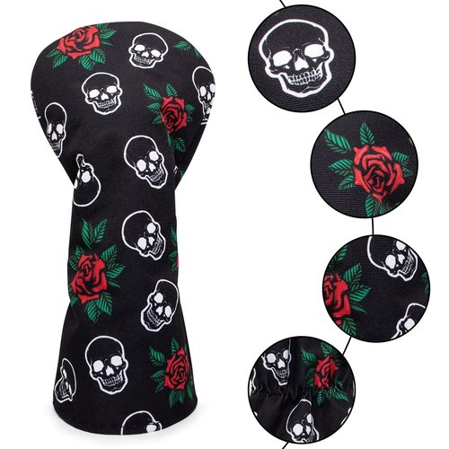 Barudan Golf Club Covers, 3pcs Golf Club Head Covers for Driver, Woods and Hybrids, Rose and Skeleton Driver Fairway Rescue Headcovers Set, Designed to Fit All Brand Golf Clubs