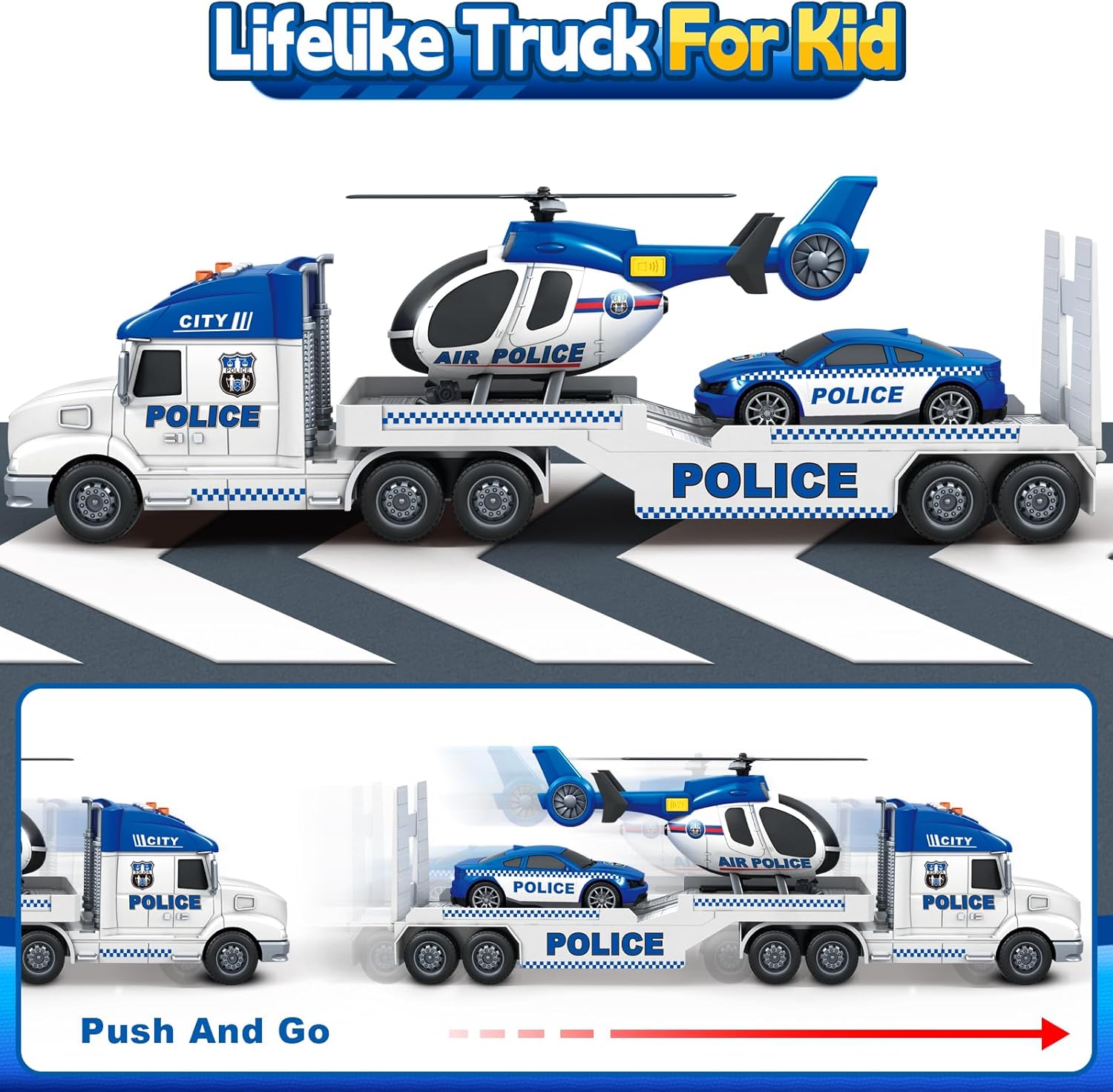 SpringFlower Police Truck Toy - Extra Large 3-in-1 Set with Racing Car & Helicopter | Perfect Birthday Gift for Toddlers Ages 3-6