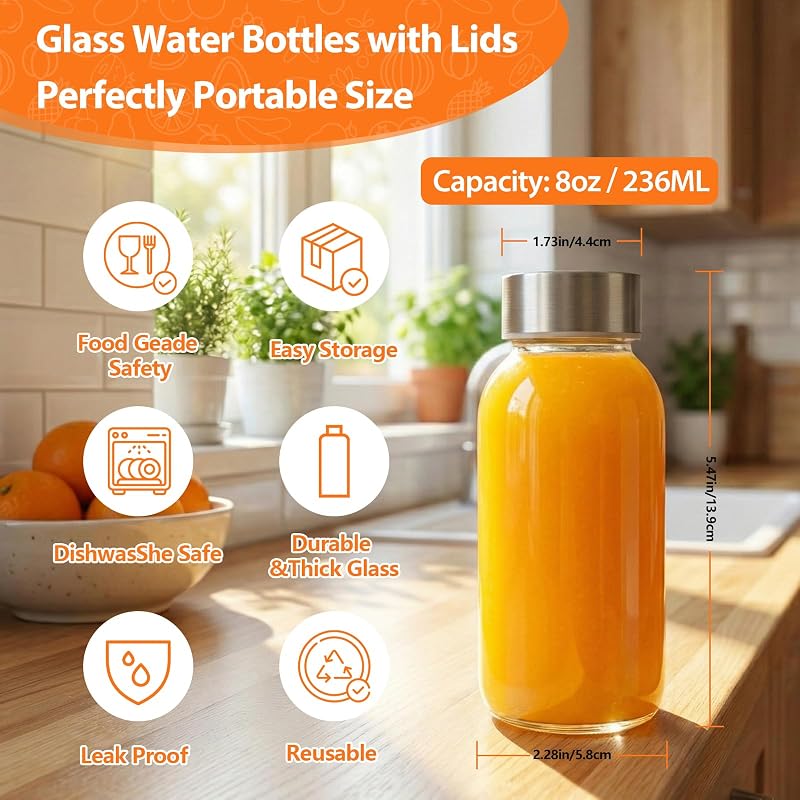 8 oz Glass Bottles with Stainless Steel Lids 4 Pack - Clear BPA-Free Reusable Juice Bottles (Variation: 8oz Clear Glass 4 Pack)