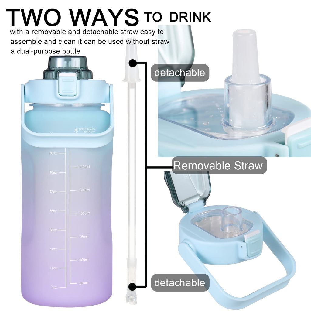RYI Large Half Gallon 64 OZ Motivational Water Bottle with Straw Time Marker BPA Free for Sport and Fitness Blue Purple