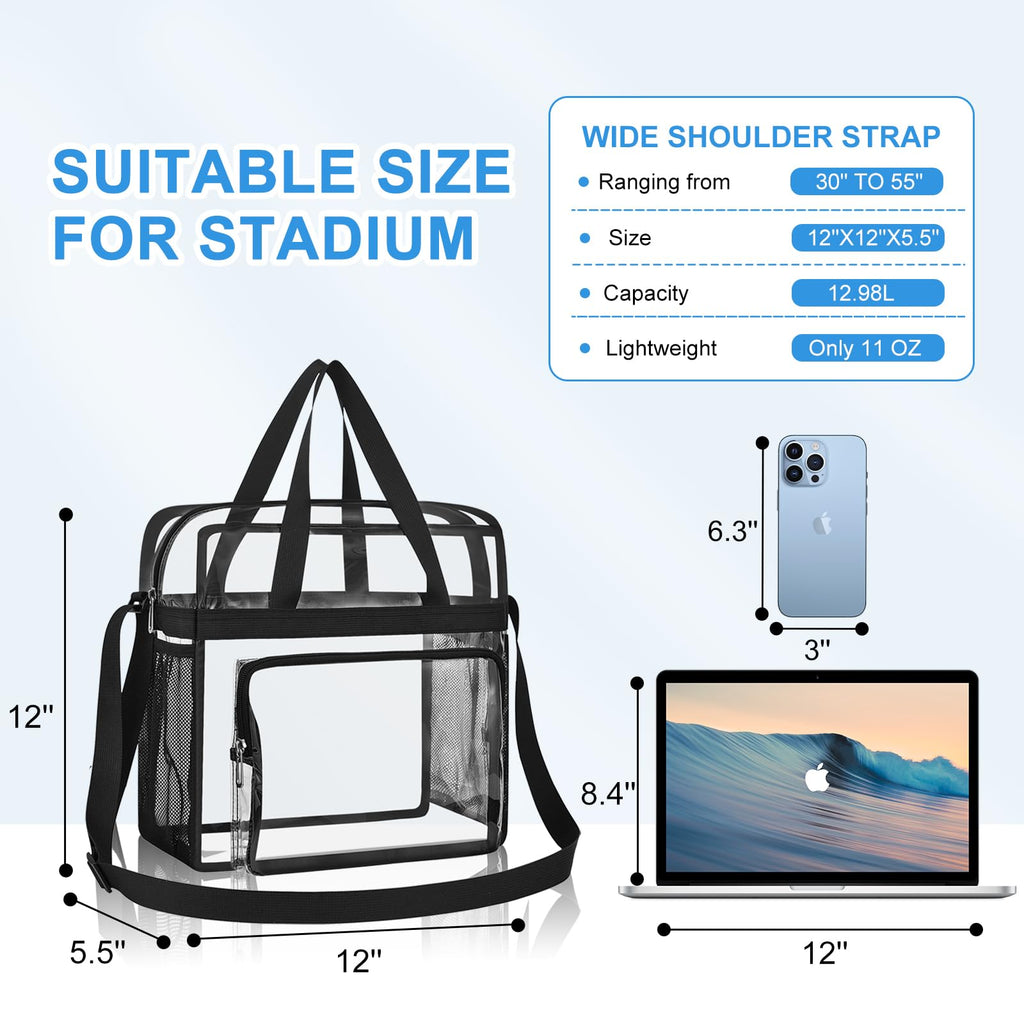 Busiuw Clear Bag for Stadium Events, Stadium Approved 12x12x6 Clear Tote Bag with Reinforced Straps for Sport Fan, Work Concert Travel(Black)