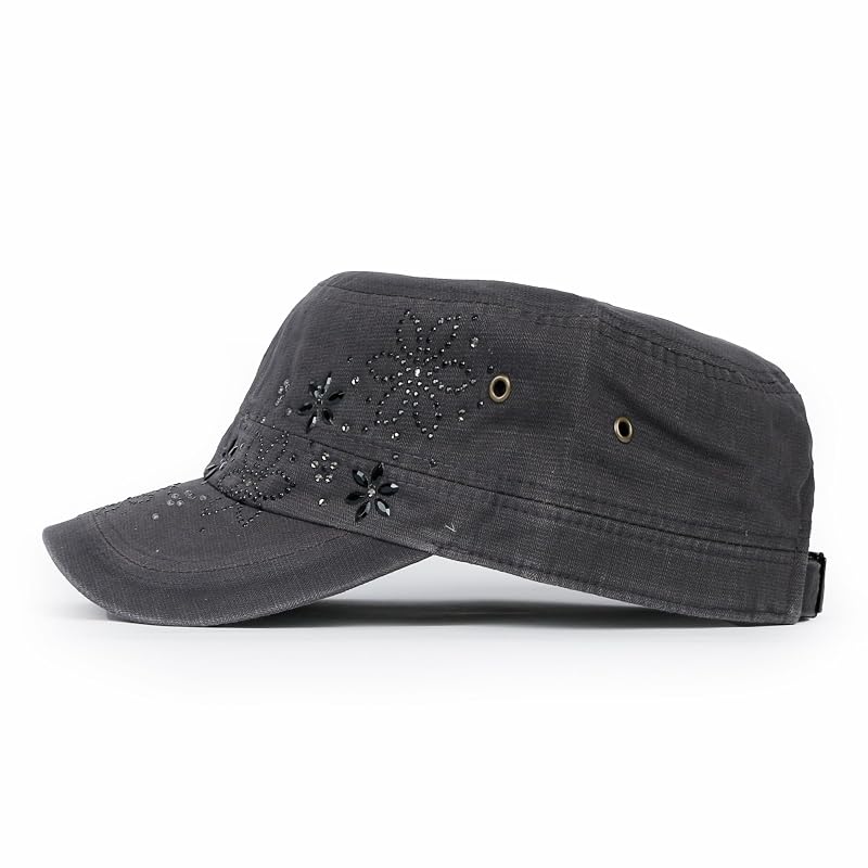 Rhinestone Cadet Cap - Vintage Distressed Cotton Army Hat, Dark Gray/Black+Medium