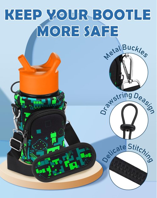 Miss Adola Water Bottle Carrier with Strap - Cute Cartoon Insulated Kids Water Bottle Holder for Boys Girls Green World Neoprene Bottle Bag for 10/12/14/16/18Oz Stainless Glass Bottles Sleeve