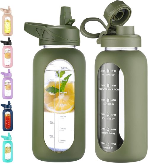 CIVAGO 32 Oz Glass Water Bottle - Motivational Time Marker & Leakproof Design | Army Green