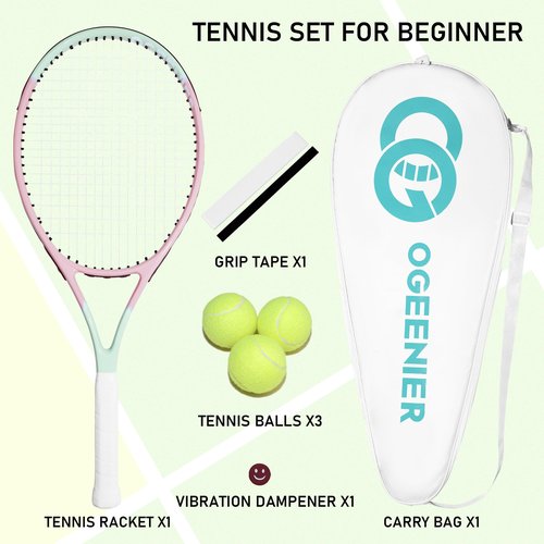 OGEENIER 27" Tennis Racket for Adults, Pre-Strung Tennis Racquet for Beginners, Lightweight and Recreational Rackets with 1 Overgrip and 3 Tennis Balls