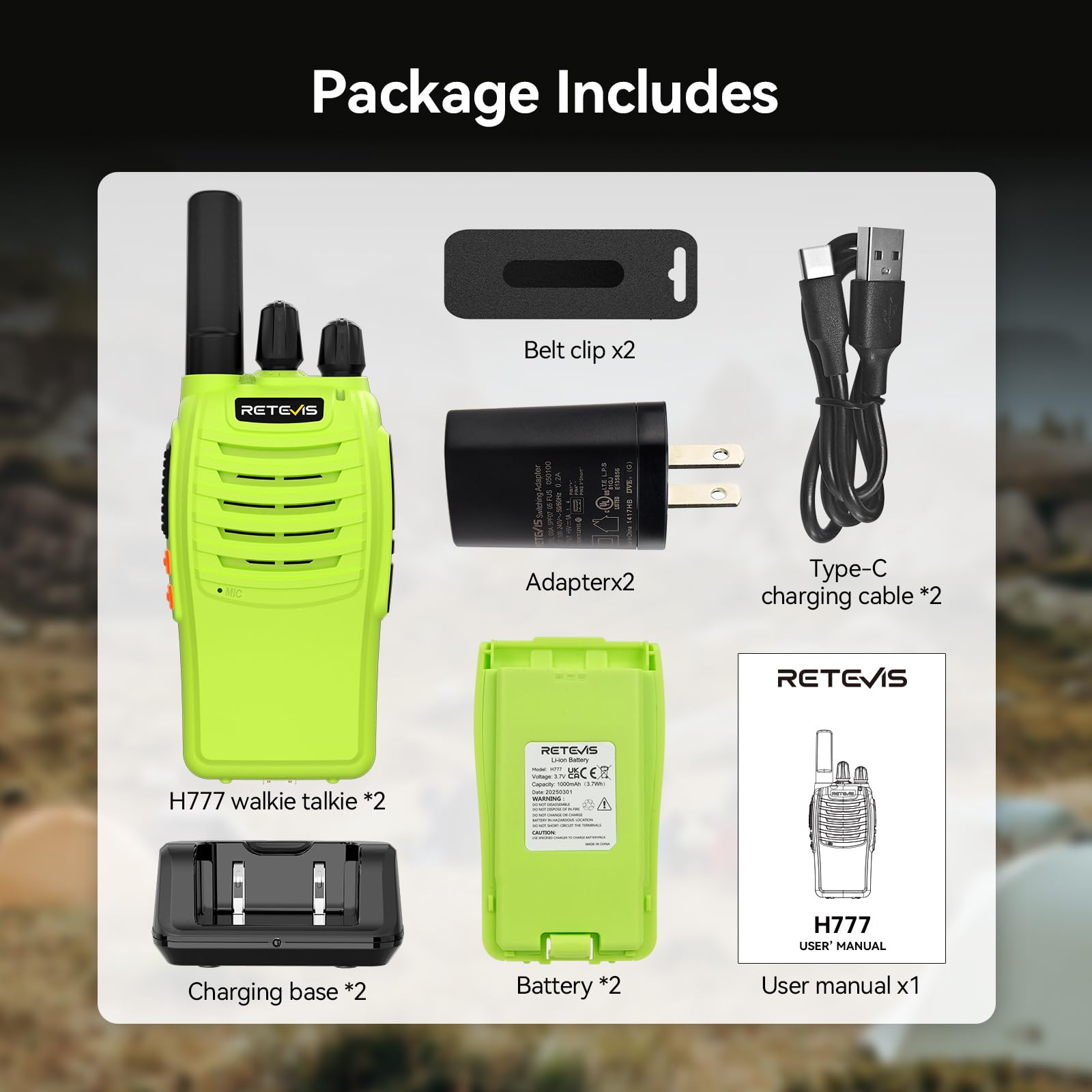 Retevis H-777 Walkie Talkies, Portable FRS Two way Radios Long Range, VOX Handsfree, Rechargeable Walkie Talkies for Adults, Li-ion Battery and Charger Base for Traveling Biking Camping Hiking(1 Pair)