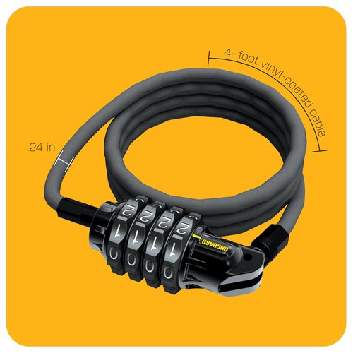 OnGuard Terrier Combo 4' Cable Lock – 120 cm × 6 mm Twisted Steel Cable, 4-Digit Resettable Combination, Vinyl-Coated Security Cable