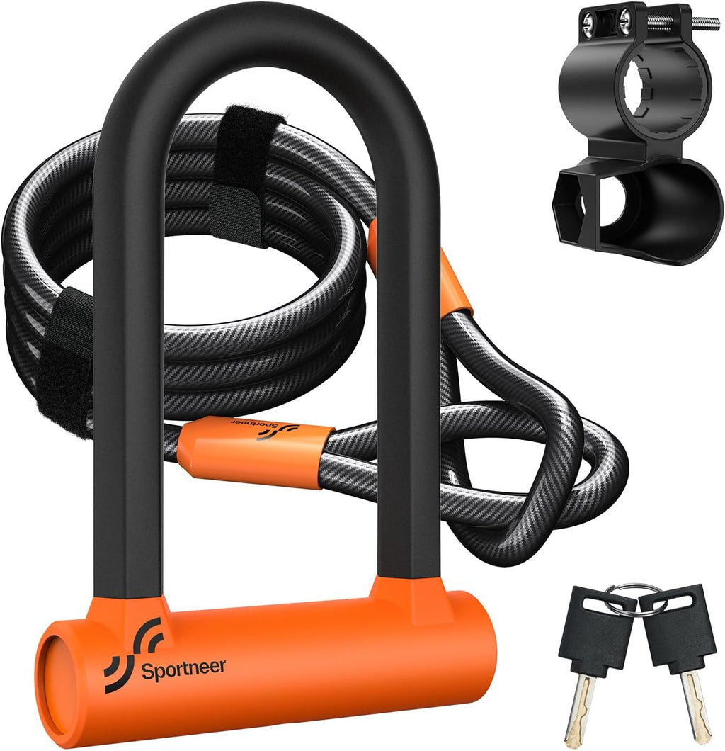 Sportneer Bike U Lock - Heavy-Duty Anti-Theft Lock with 5ft Steel Cable & 17mm Shackle | Orange