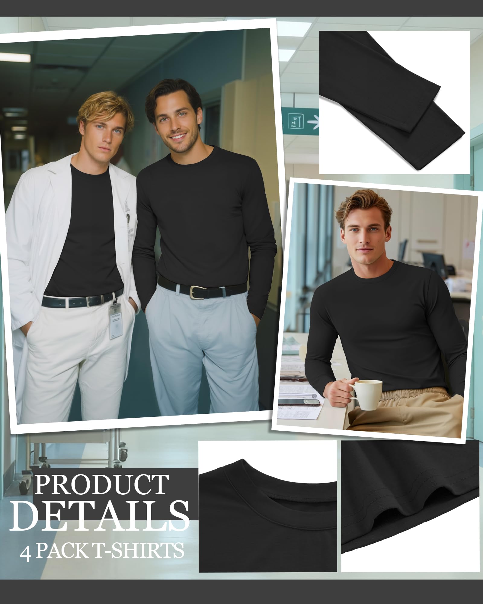 August Alley 4 Pack Men's Long Sleeve Underscrub Shirts Nurse Crewneck Work Tops Stretchy Laying Undershirts Basic Tee(Black,Large)