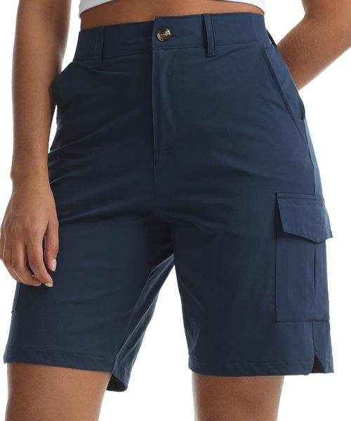 Kcutteyg Women's Lightweight Hiking Cargo Shorts with Pockets-8" Inseam Water Resistant Athletic Shorts for Golf Camping Casual (Navy Blue, Large)