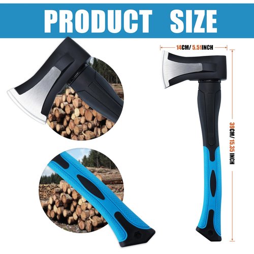 Splitting Axe, 15” Camping Outdoor Hatchet for Wood Splitting and Kindling, Forged Carbon Steel Heat Treated Hand Maul Tool, Fiberglass Shock Reduction Handle, Blue