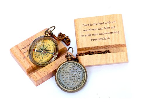 Trust in The Lord with All Your Heart - Proverbs 3: 5-6 Quote Engraved Compass with Wooden Stand,Baptism Gifts for Boys,Religious Gifts,Graduation Day 2025 Gifts,Christian Gifts for Men