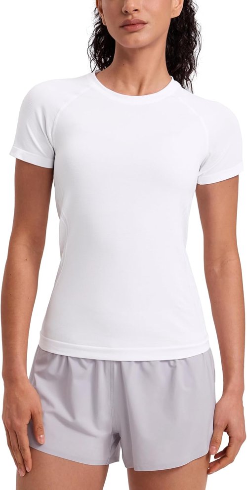 CRZ YOGA Seamless Workout Tops for Women - Breathable Short Sleeve Gym & Yoga Tees in Hip Length
