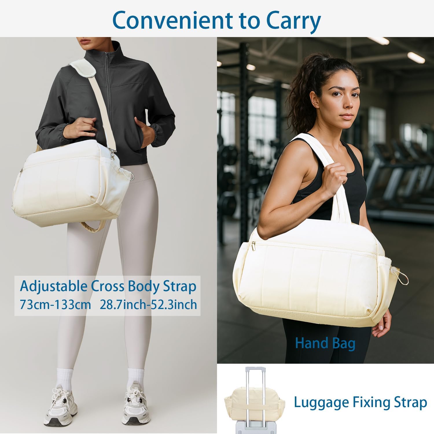 Small Gym Bag for Women, Mini Travel Duffle Bag with Shoe Bags and Coin Pouch, Carry on Weekender Bag, Portable Overnight Bag for Yoga, Pilates, Swimming, Off White