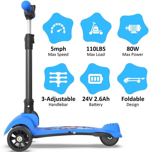 VOLPAM C001 Electric Scooter for Kids, 80W Motor, Max Safe Speed 5MPH, 3 Adjustable Height, Lean-to-Steer, 3.5" Lighted Up Wheel, Foldable Scooter for Boys & Girls