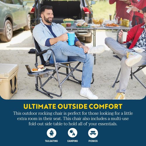 GCI Outdoor Freestyle Rocker XL Camping Chair - Portable Folding Rocking Chair with Side Table & Drink Holder - Black