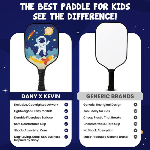 Dany x Kevin Kids Pickleball Paddle – Astronaut & Galaxy Design for Ages 3–12 | Lightweight Fiberglass (0.37 lbs) | Small, Comfy Grip | Fun Beginner Gift for Boys, Girls, Toddlers & Youth