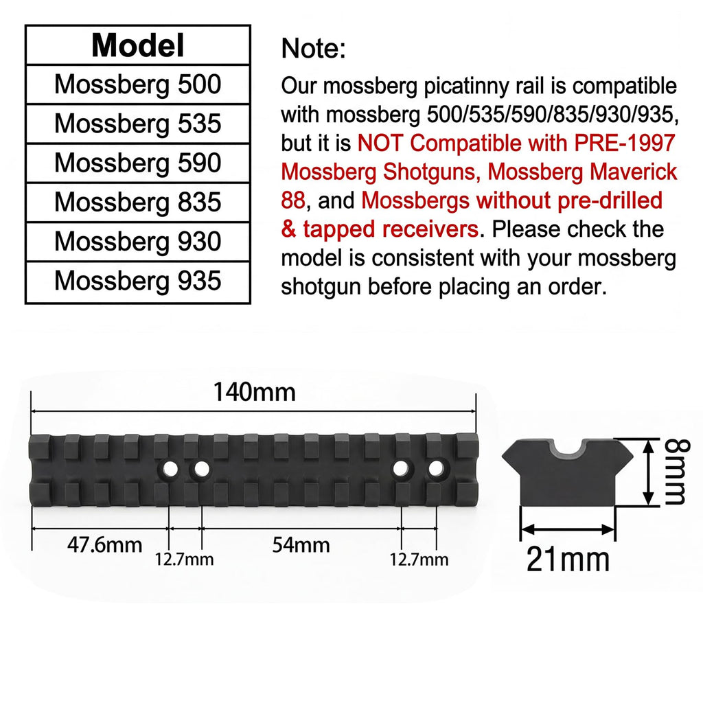 Persei Mossberg 500/590/835 Shotgun Picatinny/Weaver Rail Mount, 13 Slots Low Profile Scope Base Top Rail Mount