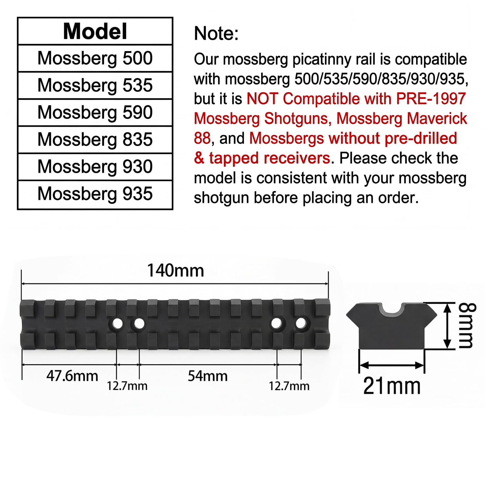 Persei Mossberg 500/590/835 Shotgun Picatinny/Weaver Rail Mount, 13 Slots Low Profile Scope Base Top Rail Mount