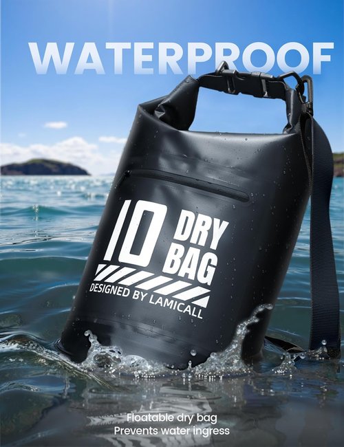 Lamicall Waterproof Dry Bag - Floating Roll Top Backpack with Phone Pouch - 10L, Black