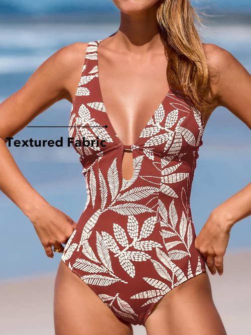 CUPSHE One Piece Swimsuit - Deep V Neck Keyhole Cutout Design | Textured Bathing Suit