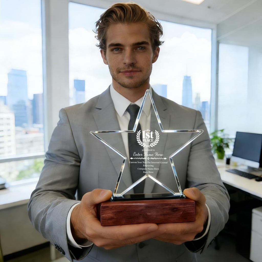 Custom Crystal Star Award Trophy with Engraved Logo Name Text, Personalized Employee Recognition Award Plaque, Corporate Appreciation Trophy for Leadership Retirement Sales Achievement