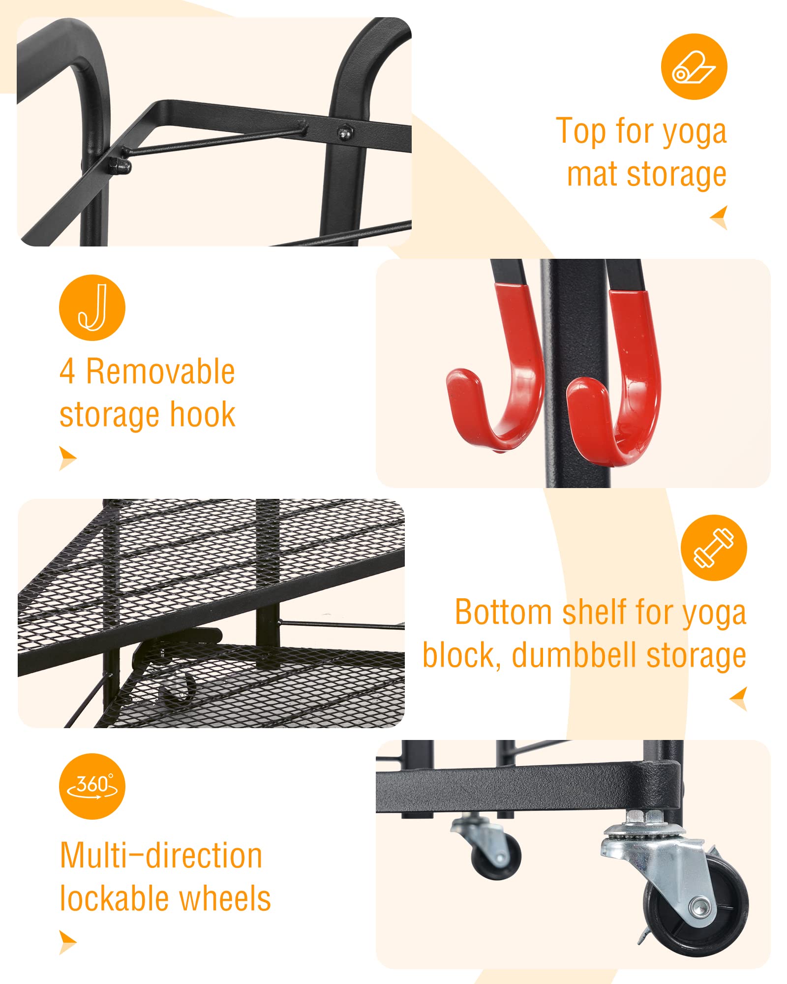 PLKOW Yoga Mat Storage Rack, Home Gym Organizer for Foam Roller, Resistance Bands, Block and Dumbbells, Rolling Workout Rack With Wheels and Hooks, Powder Coated Finish Steel