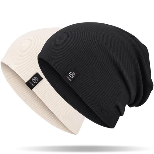 YANIKY Slouchy Beanie for Women, Mens Beanie Hat, Soft Comfortable Cotton Double Layer Windproof Skull Cap Beanie Suitable for All Seasons (Black+White)