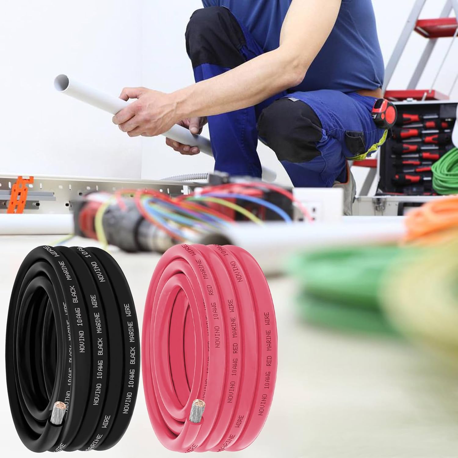 10 Gauge Marine Wire - 10 AWG Tinned Copper Electrical Cable for Boats & Automotive | 10FT Red & 10FT Black