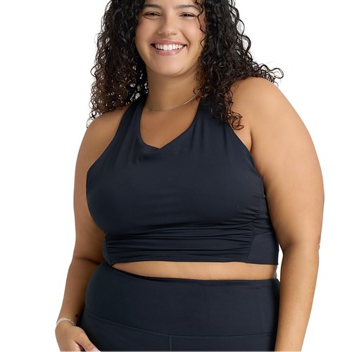 POPSUGAR Long Line Sports Bra Women, Workout Crop Tops for Women Longline Criss Cross Gym Yoga Tops with Built in Bra for Running Pilates Black Night, Medium