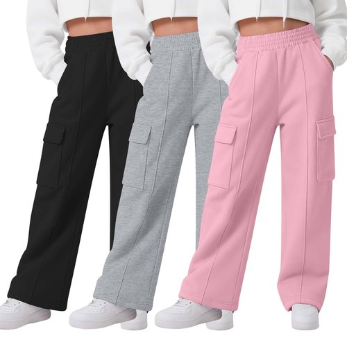 LessonZoo 3 Pack Girls Wide Leg Sweatpants Cargo Pants High Waisted Baggy Causal Loose Kids Elastic Waistband Pants Joggers(Pink, Light Gray, Black,9-10 Years)