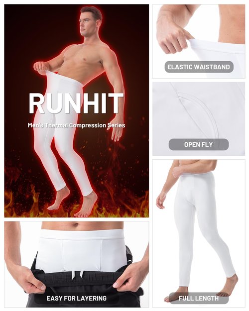 Runhit Long Johns for Men Thermal Pants with Fly Long Thermal Underwear Winter Cold Weather Fleece Thermal Bottoms, White, Medium