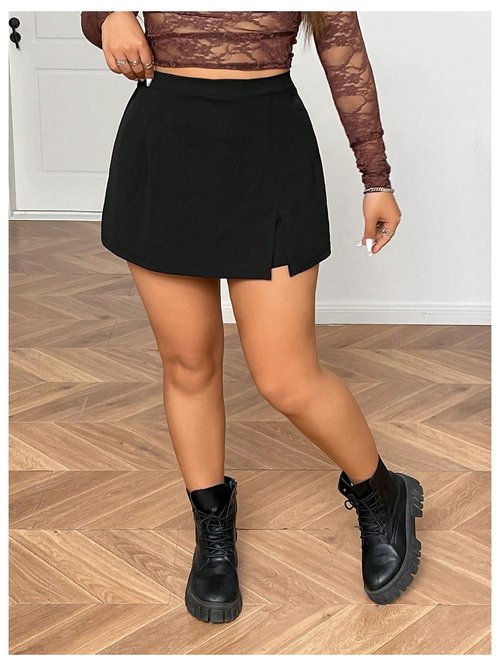 MakeMeChic Women's Plus Size High Waisted Skirt Split Hem Skorts Shorts Black X-Large Plus