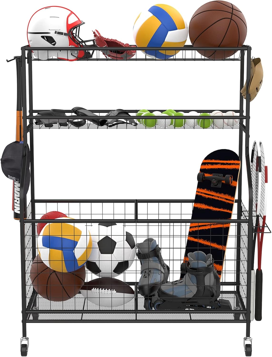 WALMANN Garage Ball Organizer - Indoor/Outdoor Sports Equipment Storage Rack | Rolling Cart for Kids' Balls and Toys