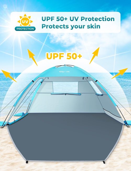 Glymnis Beach Tent Sun Shelter for 3 Person with UPF 50+ UV Protection, Lightweight & Easy Setup Beach Shade Canopy with Vent Windows & Zippered Door - Blue