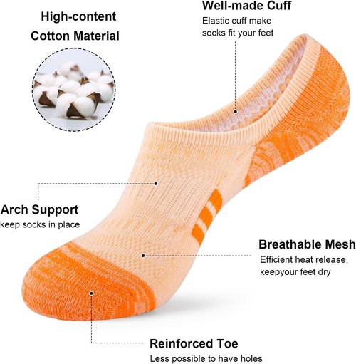 COOPLUS No Show Socks - Women's Athletic Cushioned Cotton | Low Cut Non-Slip Running Socks (6 Pairs)