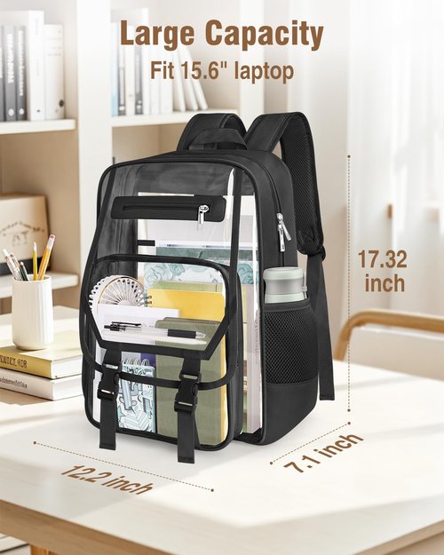Soimeat Clear Backpack Heavy Duty, Fabric & PVC Transparent Bookbag, See Through Backpacks with Reinforced Strap for Women Men, Large Capacity Clear Backpack for College, Travel, Security, Black