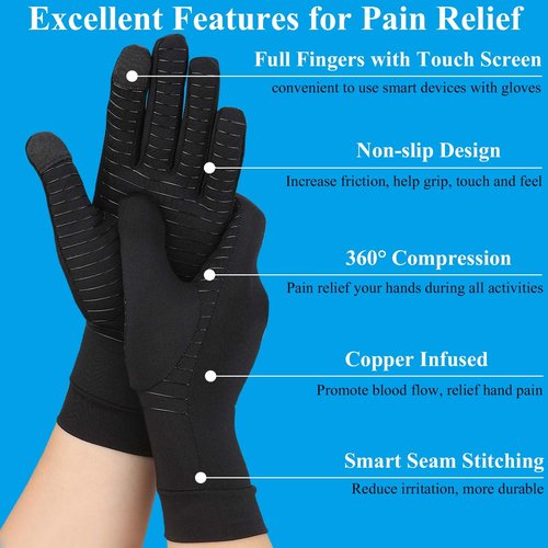 Tianhengyi 2 Pairs Copper Arthritis Gloves for Hand Pain, Full Finger Compression Gloves for Men Women, Relieve Swelling, Carpal Tunnel, Support Wrist, Joint for Crocheting (Touch Screen, Medium)