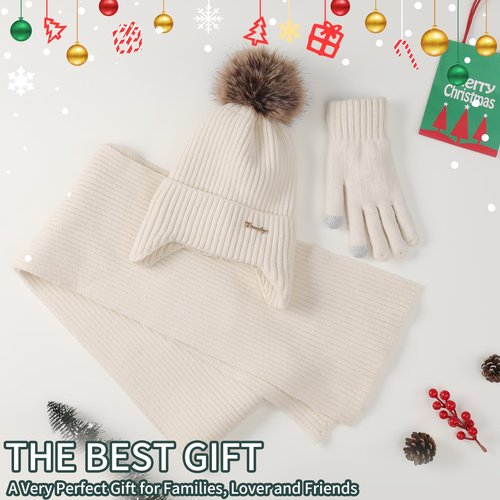 Womens Winter Beanie Hat Scarf and Gloves Set Earflap Girls Beige Earmuffs Cable Beanies with Pompom Knitted Scarf Touch Screen Gloves Sets Ladies Black Knit Thick Warm Soft Fleece Lined Thermal Cap