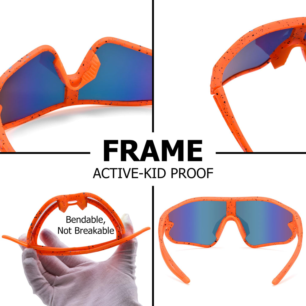 GLARDEFE Kids Baseball Sunglasses - Youth Baseball Sunglasses for Boys Girls - Sports Softball Shades Age 6-14(Orange/Red Mirror)