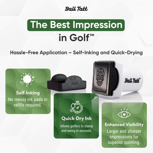 Ball Tatt - Golf Ball Stamp - Self-Inking Marker - Quick-Dry Permanent Marking Tool, No Leaks or Refills, Reusable & Waterproof Golfing Stamper - Ideal Gift for Golfers, Dads, Retirement (Sugar Skull)