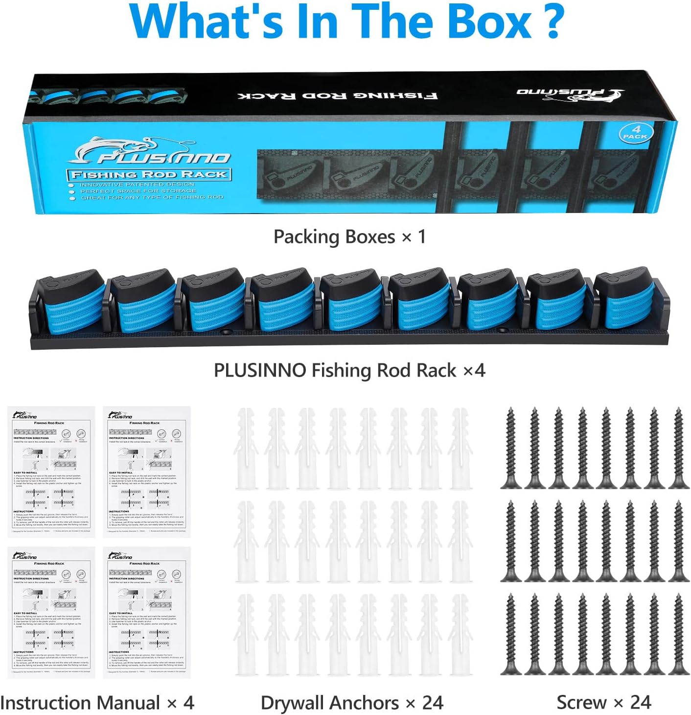 PLUSINNO Fishing Rod Rack - Wall Mounted Holder for Up to 36 Rods | 4-Pack Fishing Gear Storage