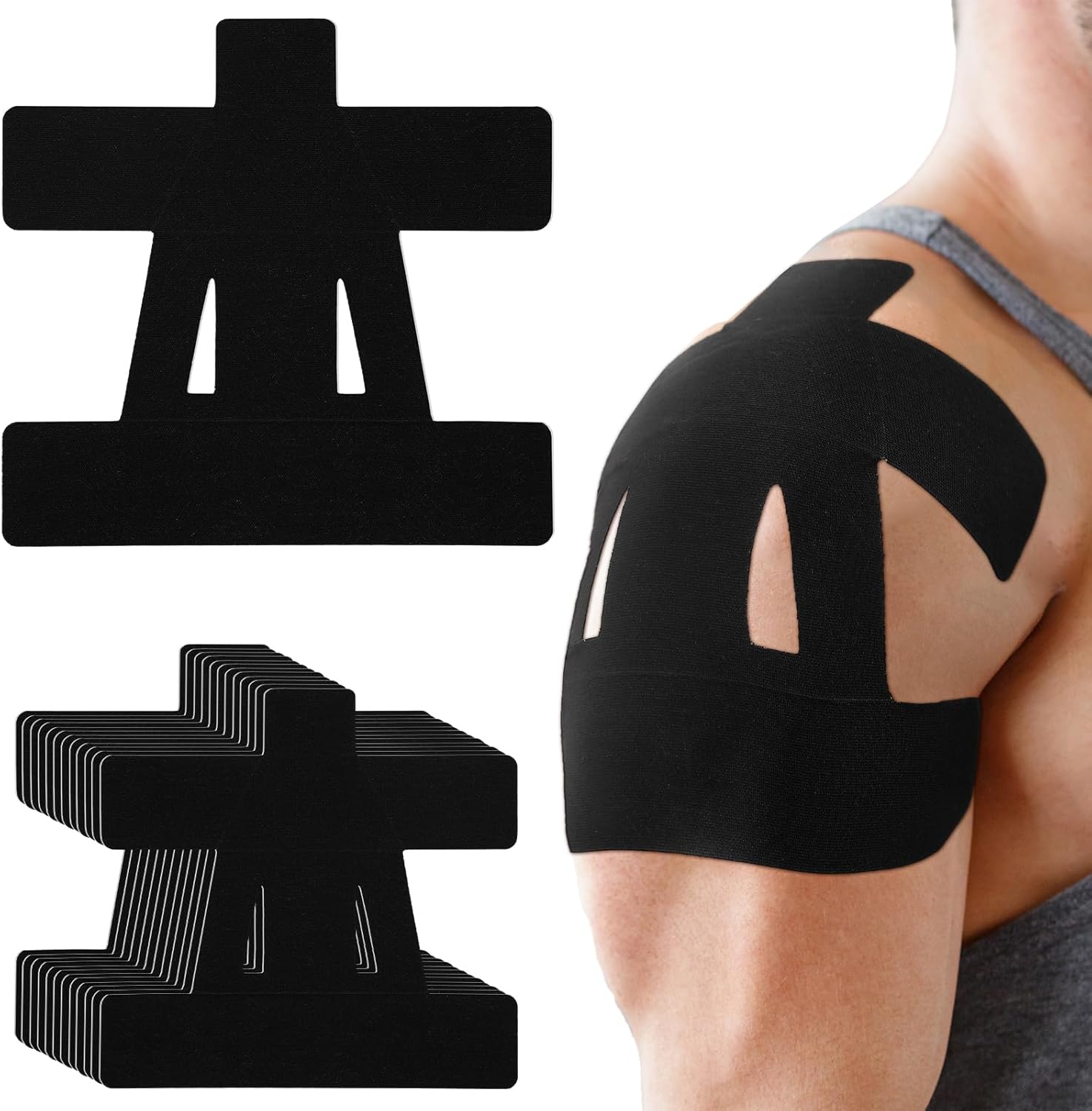 Skiennix Kinesiology Tape - 12 Count Pre-Cut Athletic Tape for Shoulder Pain Relief | Waterproof & Breathable (Black)