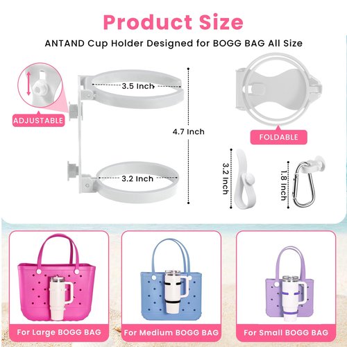 ANTAND Accessories for Bogg Bag, Foldable Cup Holder for 30oz 40oz Stanley Cup, Adjustable Drink Water Bottle Holder Only for BOGG Bag, Insert Charm Carabiner Key Holder Hooks for Tote Bag (White)