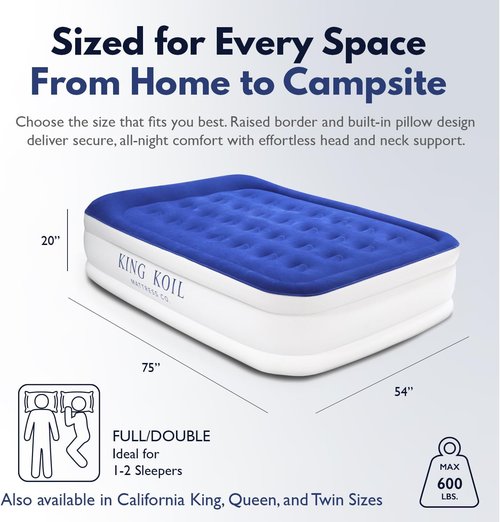 King Koil Luxury Full-Size Air Mattress - Built-In High-Speed Pump & Pillow Top | 20" Double High, Waterproof & Portable