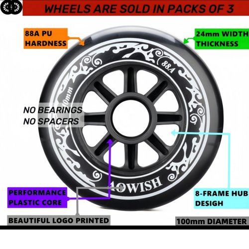 AOWISH 100mm Speed Inline Skate Wheels 100 mm Roller Blades Wheel 88A Outdoor Speed Skating Shoes Replacement Wheels, Black, Set of 3